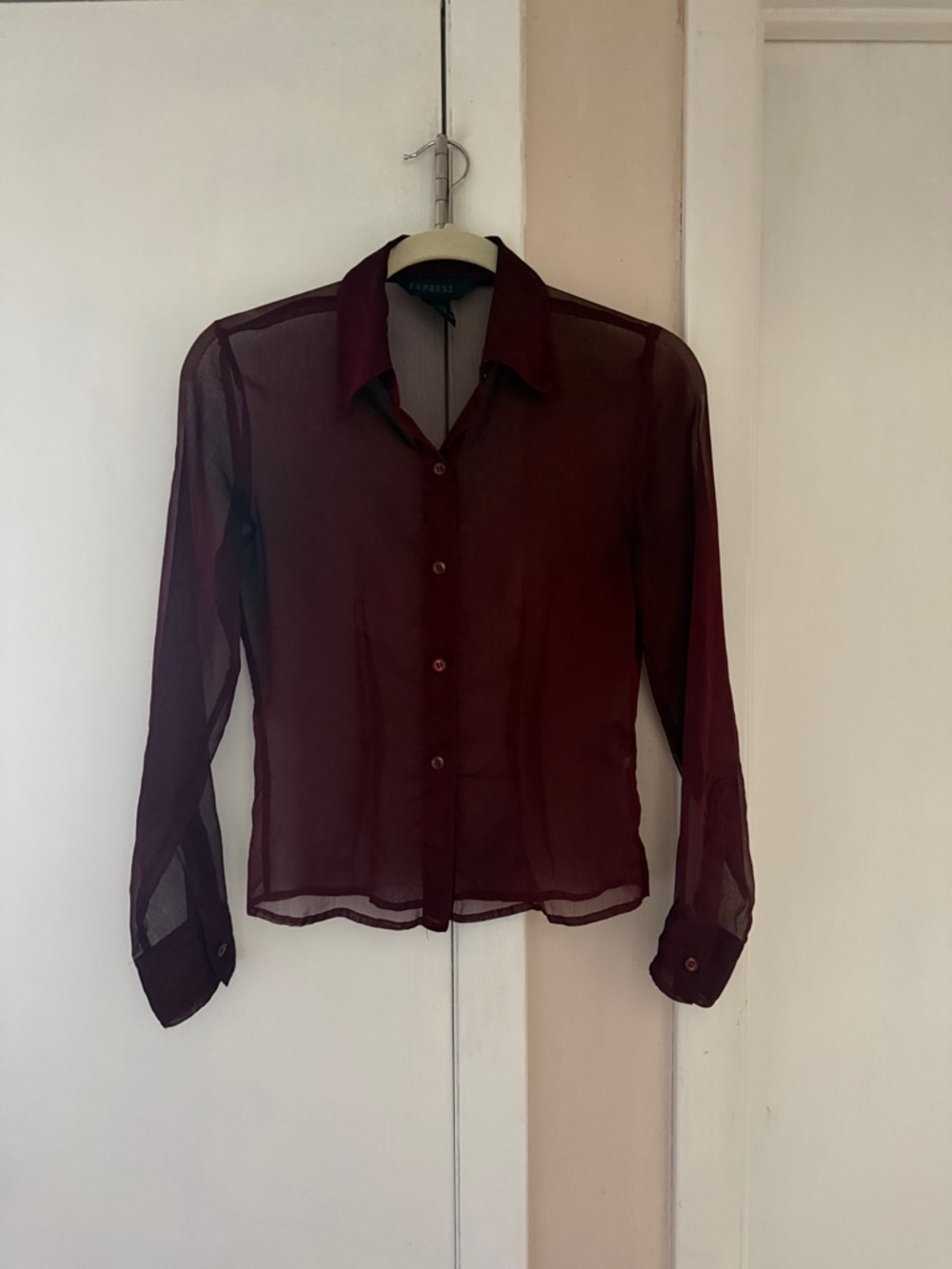 Express Sheer Button-Down Blouse - Burgundy